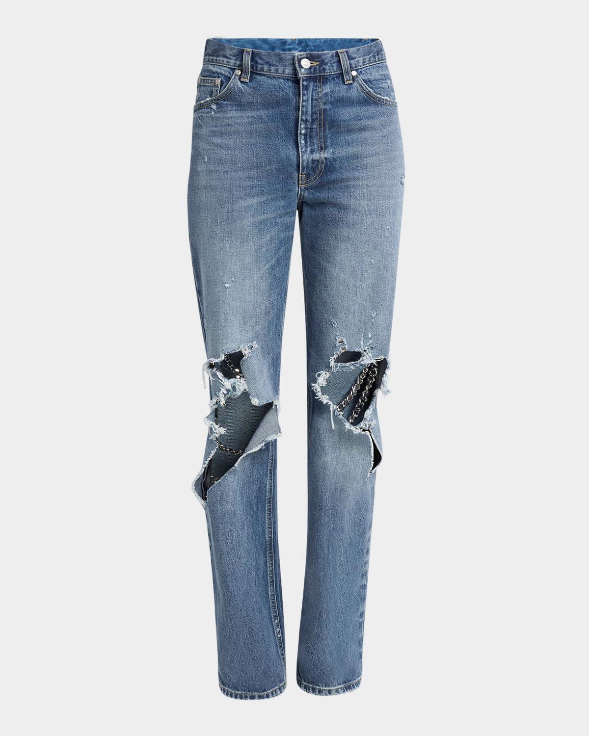 chain distressed knee straight-leg jeans