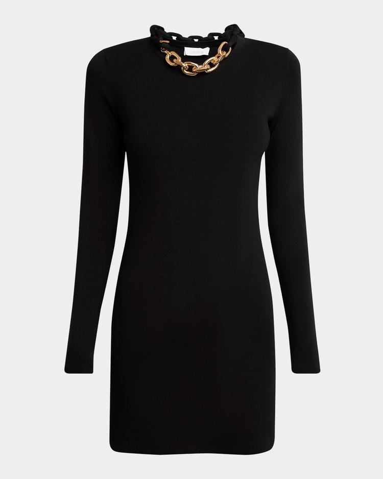 chain-necklace long-sleeve mini sweater dress