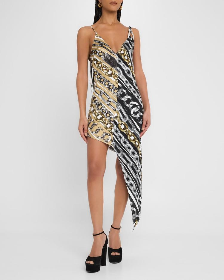 chain-print crystal-link asymmetric mini slip dress