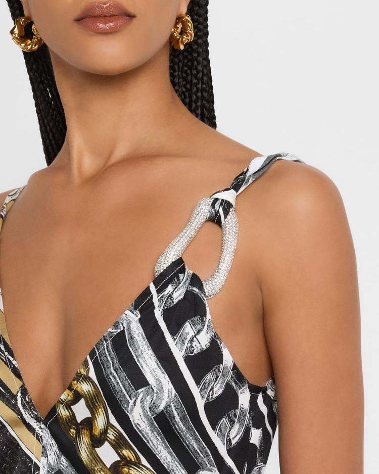 chain-print crystal-link asymmetric mini slip dress
