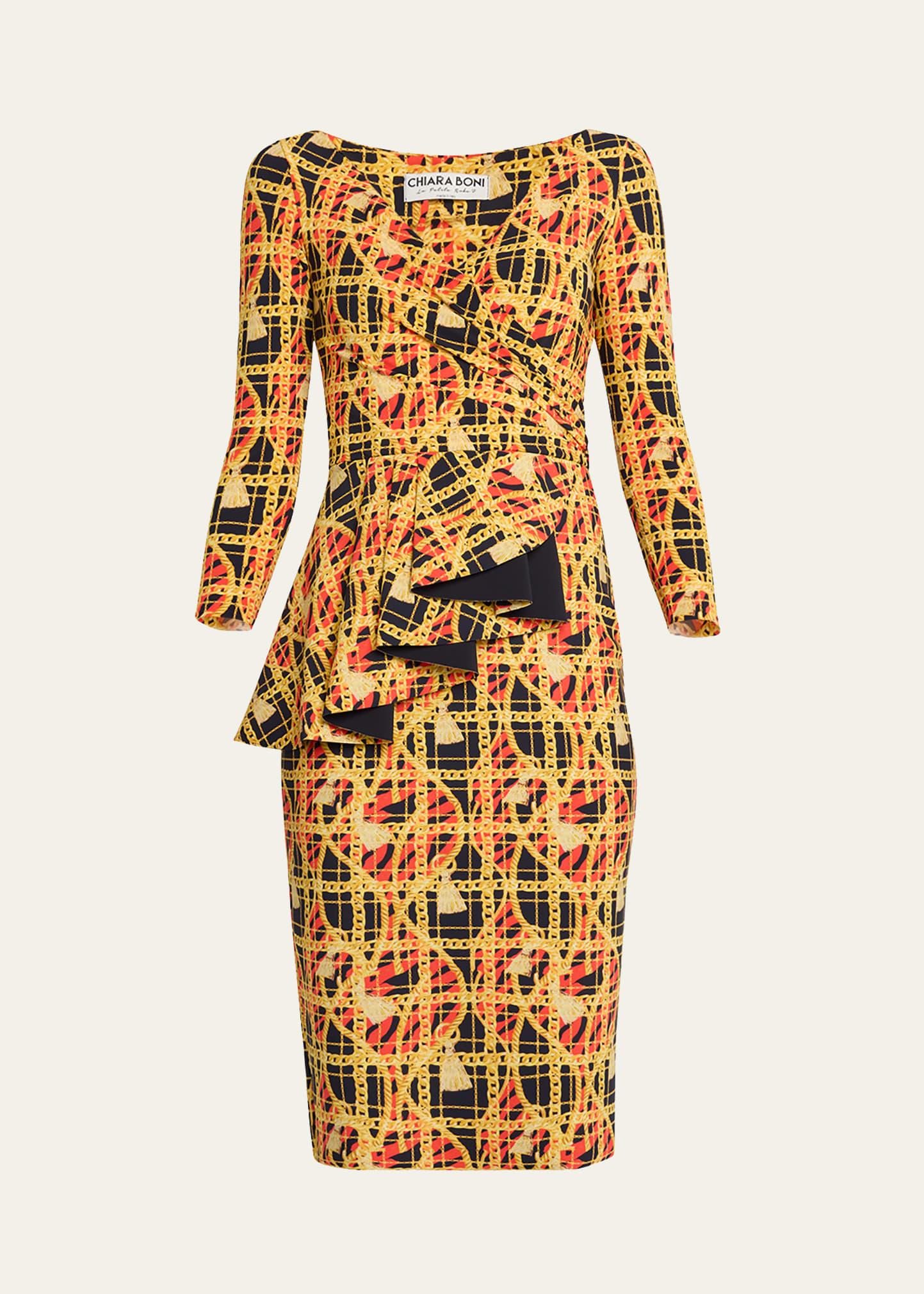 chain-print ruffle bodycon dress
