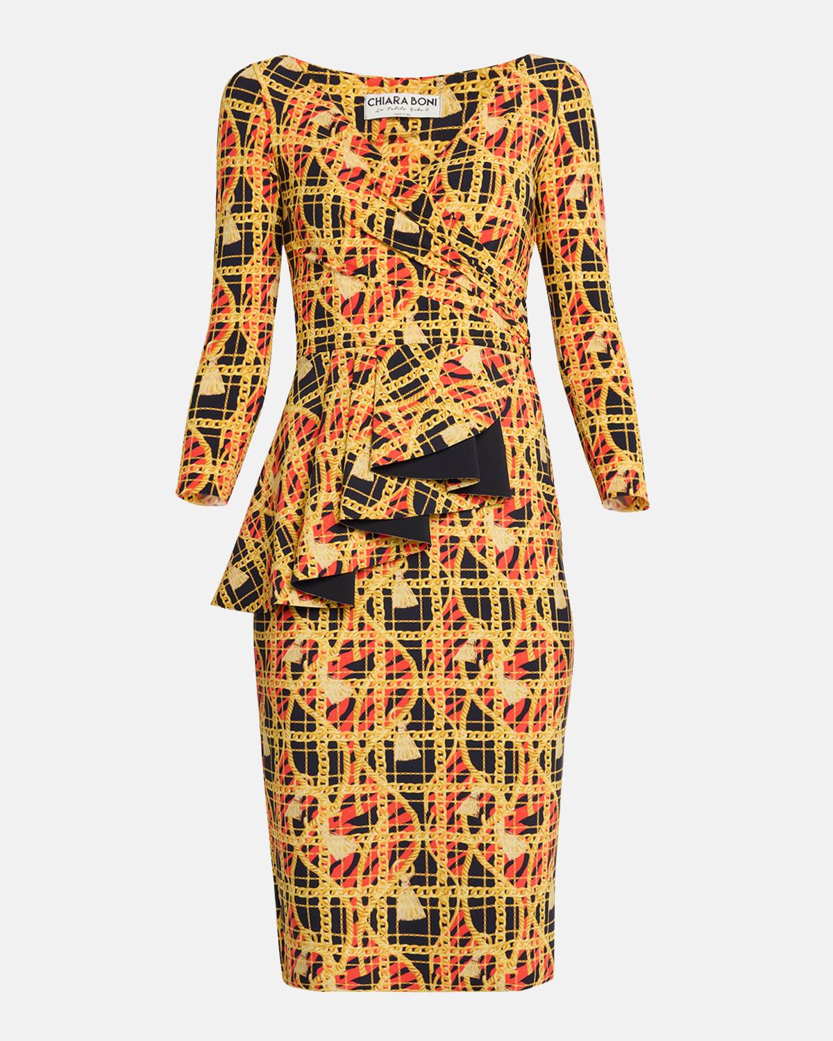 chain-print ruffle bodycon dress