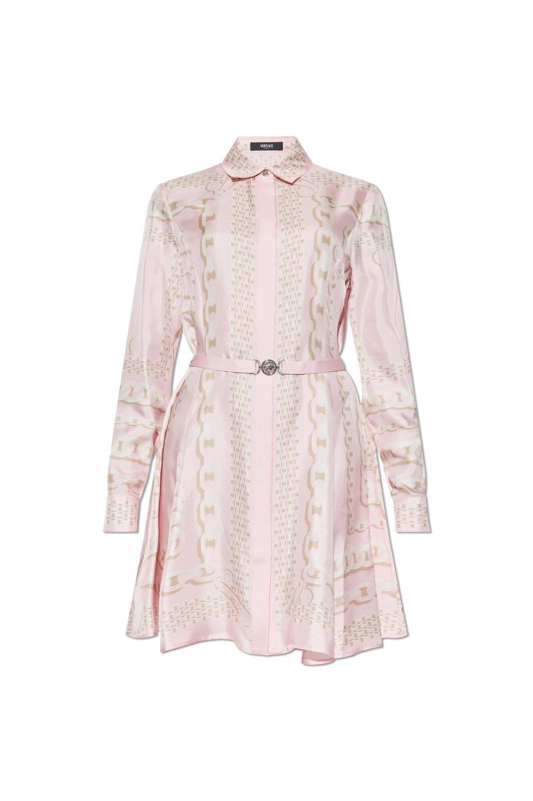 chain-printed belted mini dress