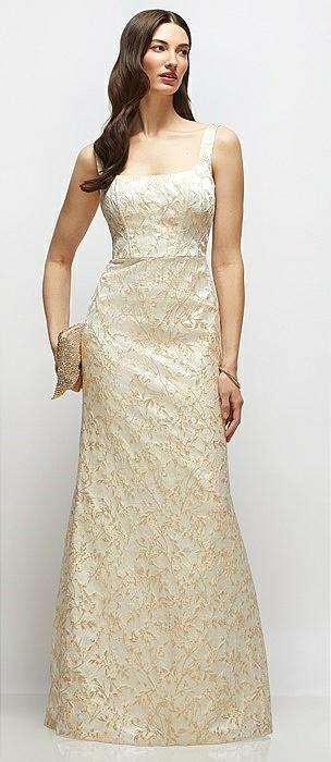 champagne floral brocade square neck maxi dress with trumpet skirt