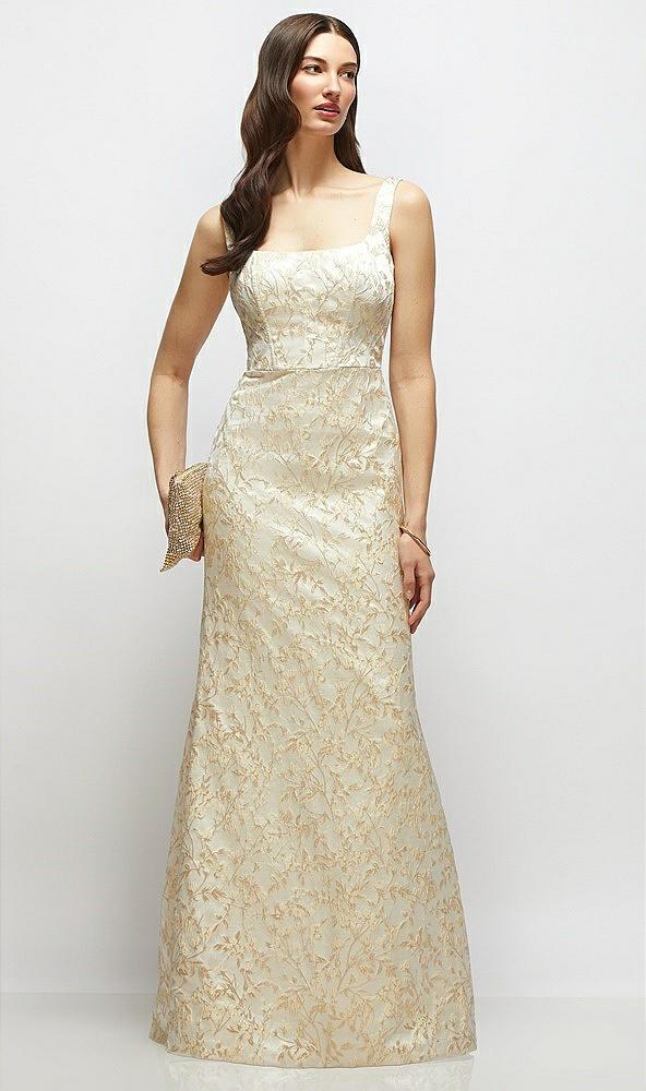 champagne floral brocade square neck maxi dress with trumpet skirt