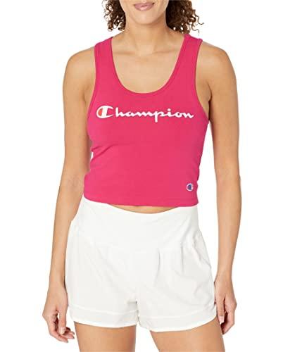 champion, authentic cropped, athletic top for women, strawberry rouge script, large