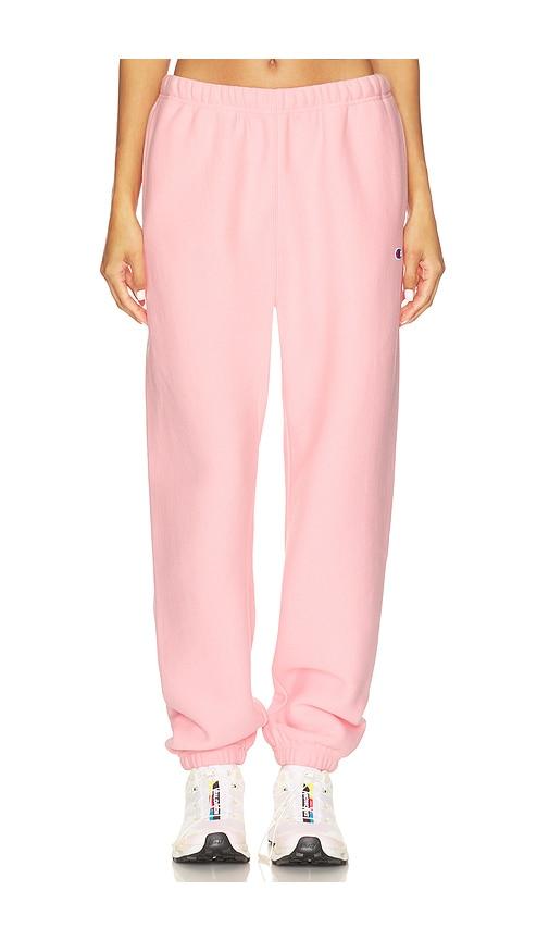 champion essentials reverse weave cinched bottom sweatpant in pink.