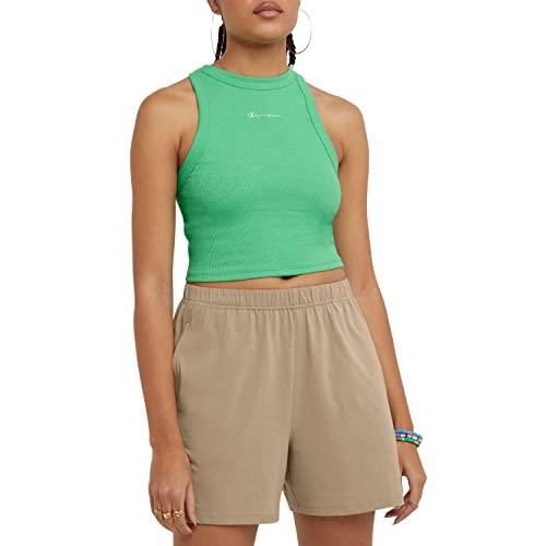 champion fitted, athletic, cute ribbed tank top for women, happy spring green small script