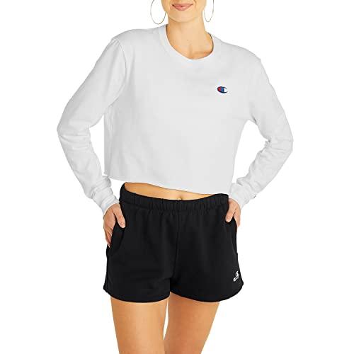 champion shirt, cropped top with long sleeves for women, white c logo, x-large