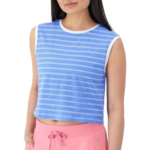 champion tank top, sleeveless t-shirt, lightweight muscle tee for women, plaster blue/white, small