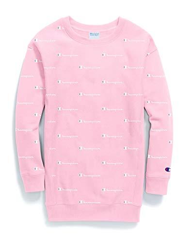 champion women's printed reverse weave long sleeve crew neck dress, script pink candy/white, s