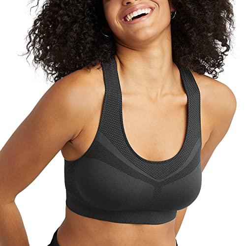 champion women's the infinity racerback sports bra, moderate support, seamless, moisture wicking, black, large