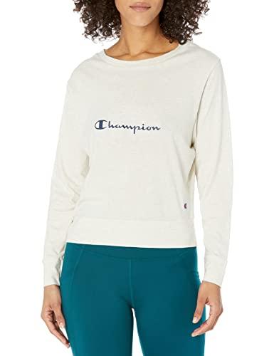 champion womens champion women's sleep pj long sleeve tee pajama top, oatmeal heather/athletic navy, small us
