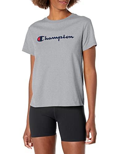 champion womens classic tee, script logo t shirt, oxford gray-y08113, small us