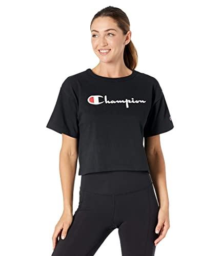 champion womens heritage cropped tee, script logo t shirt, black, small us