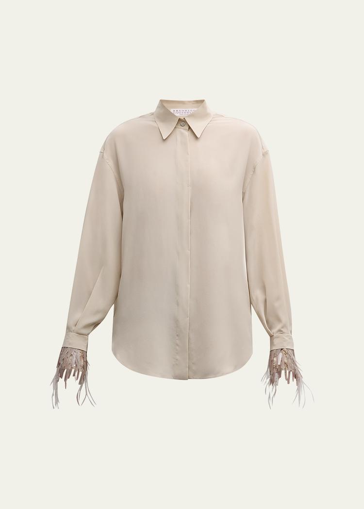 chandelier feather-cuff crepe de chine blouse