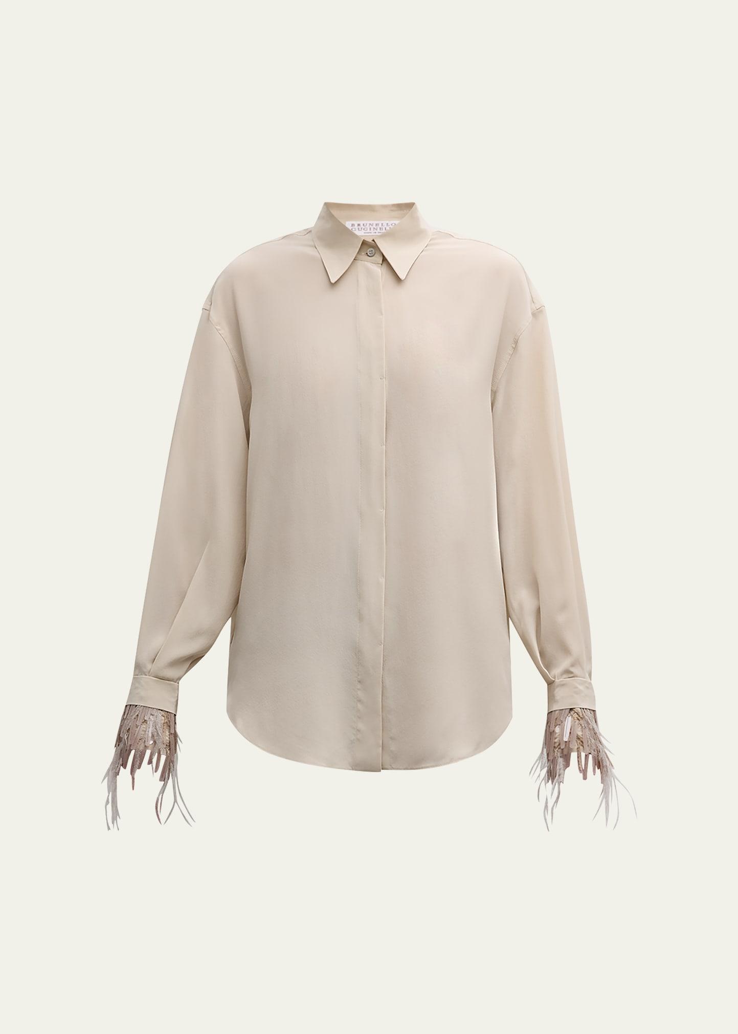chandelier feather-cuff crepe de chine blouse