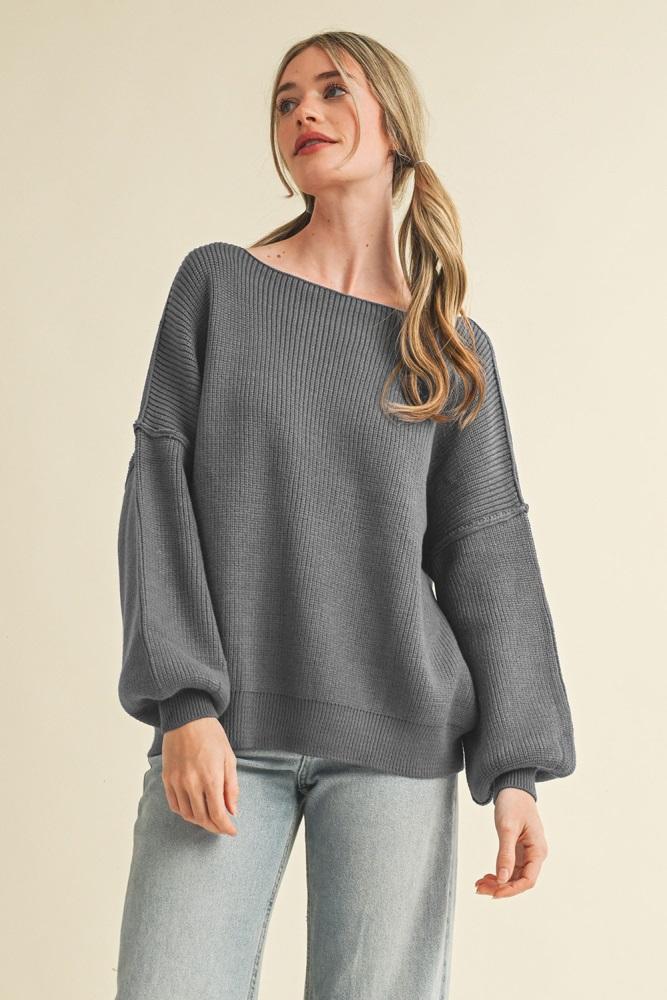 charcoal balloon sleeve boat neck knit sweater