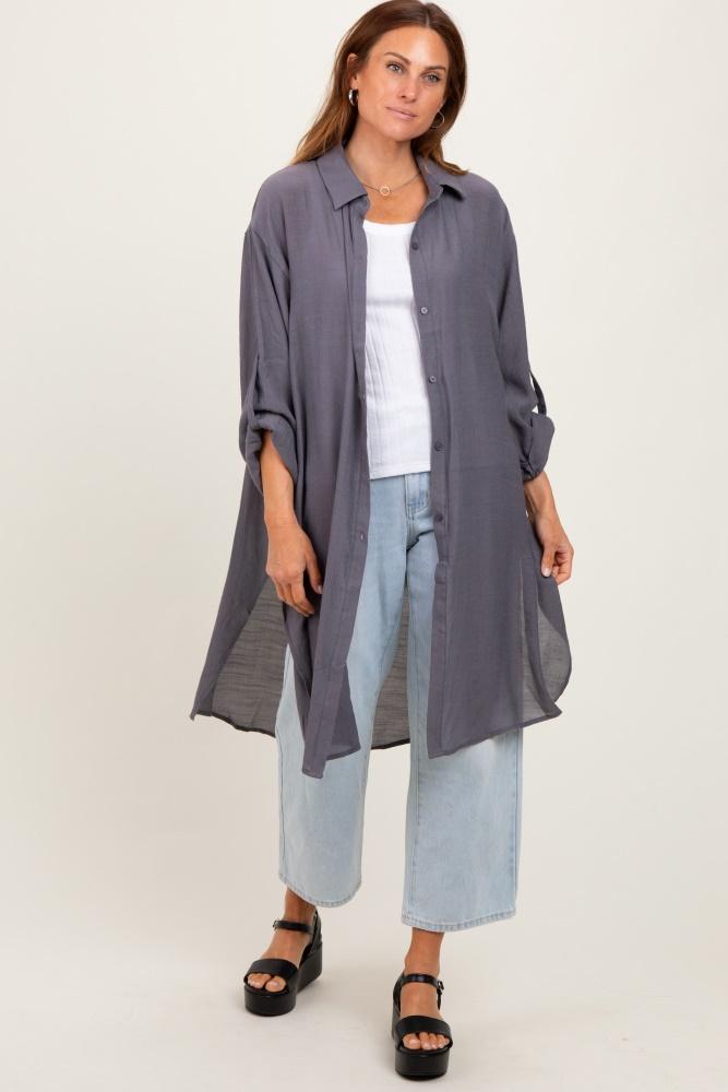 charcoal button front side slit oversized blouse