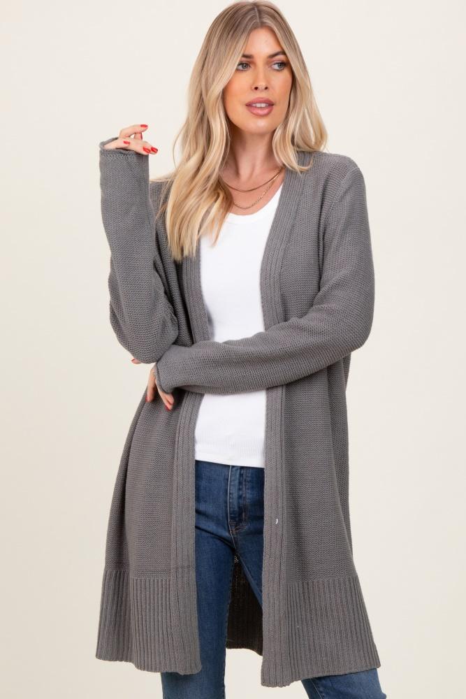charcoal contrast rib long open cardigan