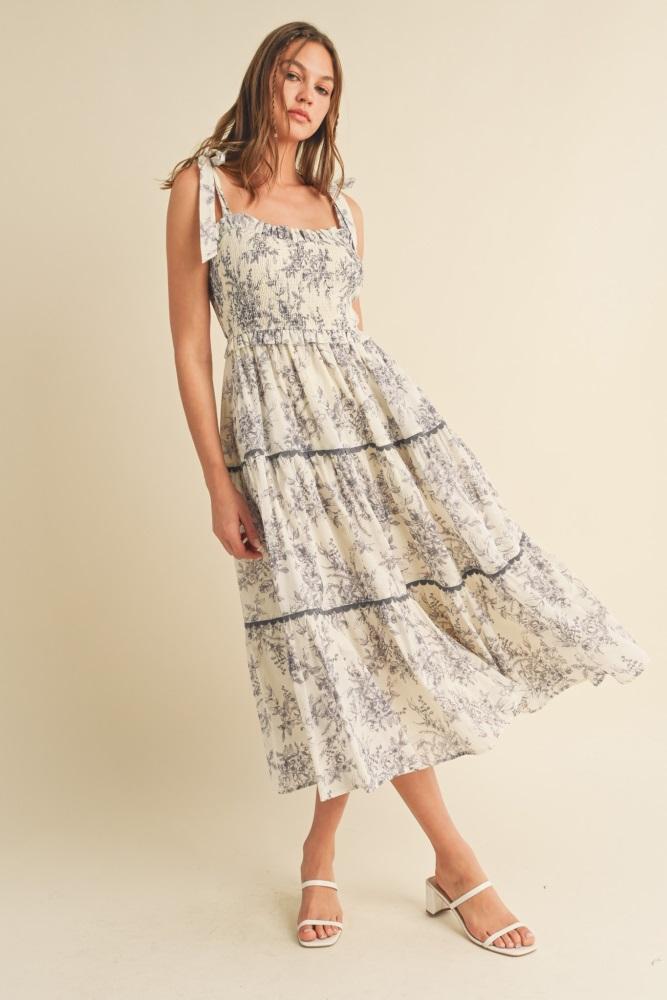 charcoal floral sleeveless ruffle tiered midi dress