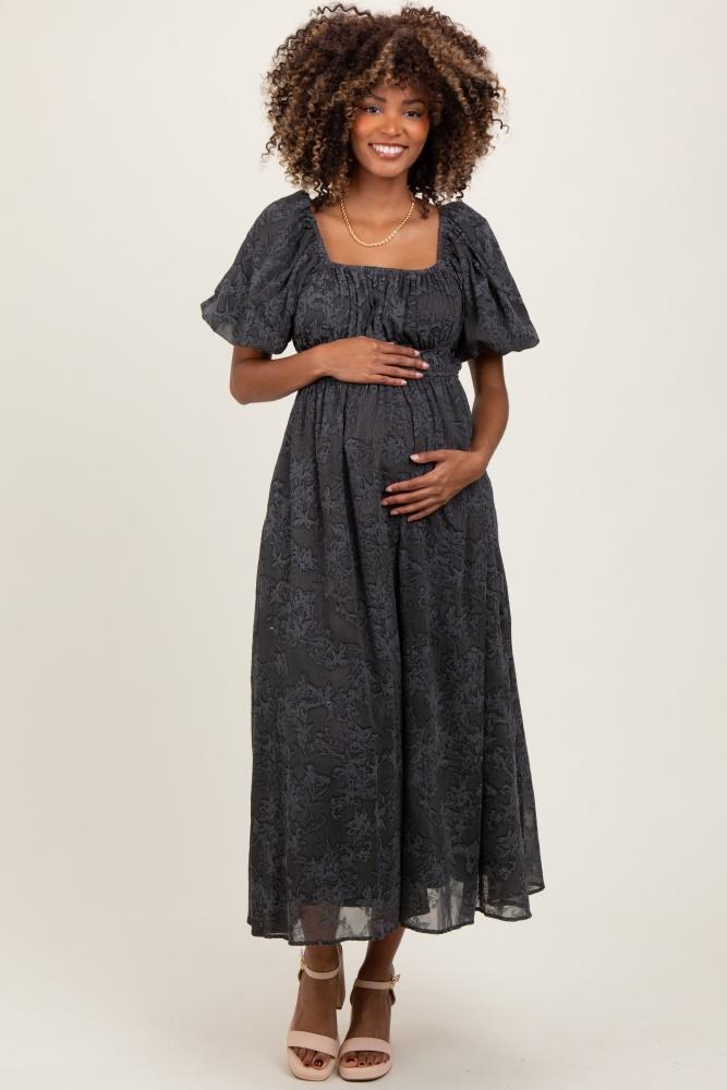 charcoal floral square neck bubble sleeve maternity mid dress