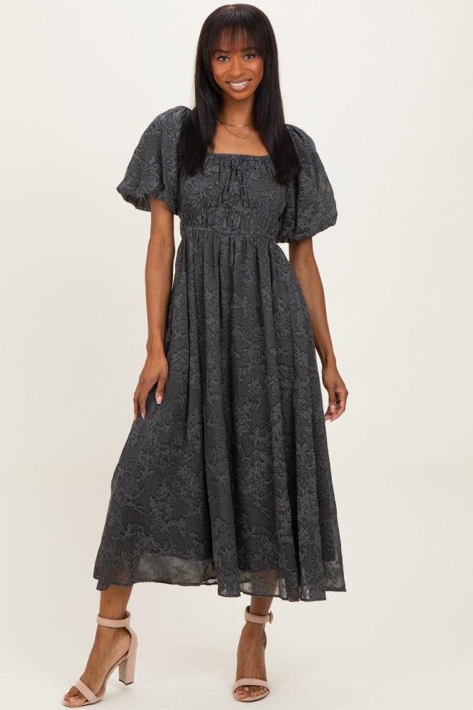 charcoal floral square neck bubble sleeve mid dress