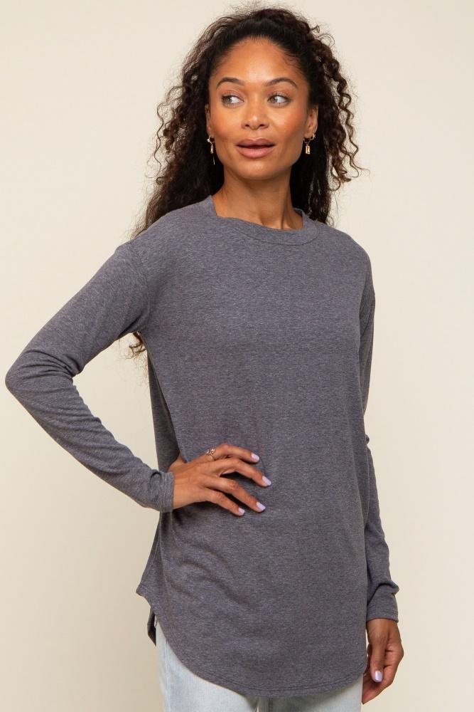charcoal long sleeve curved hem top