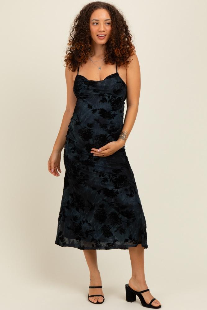 charcoal mesh floral overlay maternity midi dress
