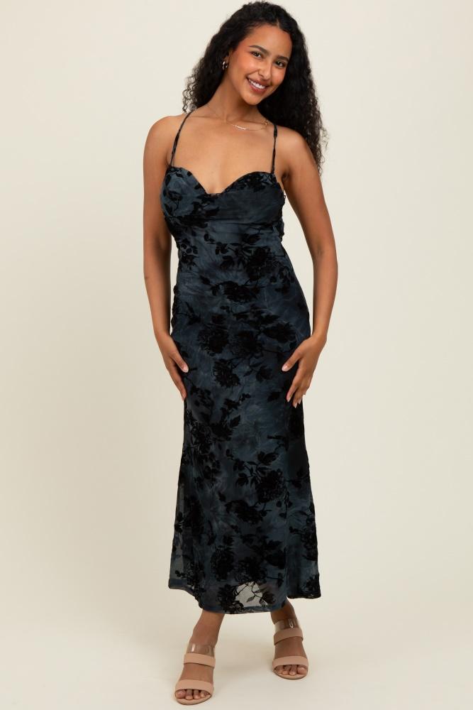 charcoal mesh floral overlay midi dress