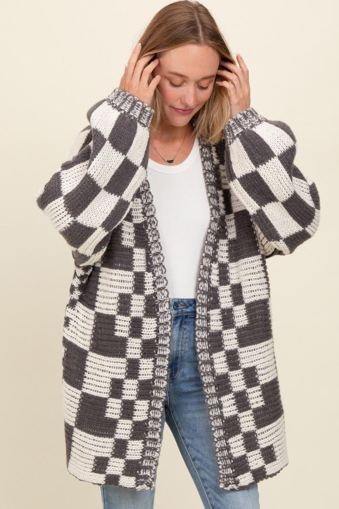 charcoal mixed check pattern chunky cardigan