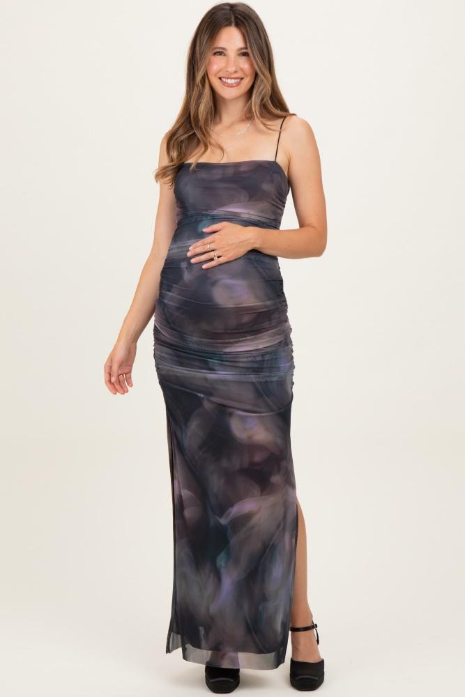 charcoal printed mesh ruched sleeveless maternity maxi dress