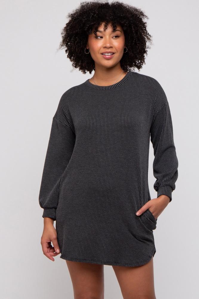 charcoal rib knit long sleeve dress