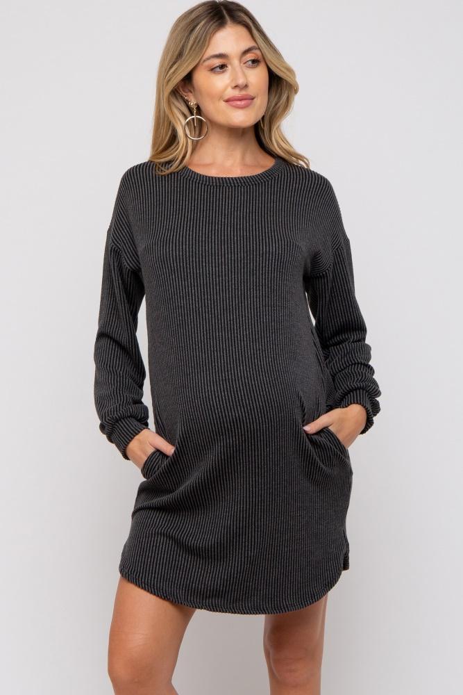 charcoal rib knit long sleeve maternity dress