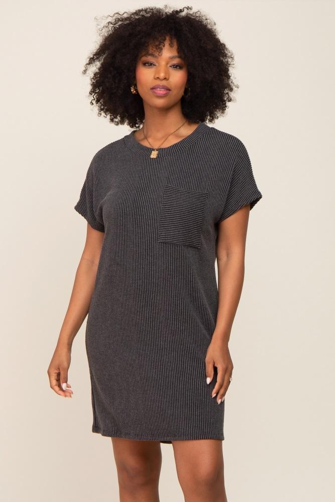 charcoal ribbed front pocket dolman short sleeve dress