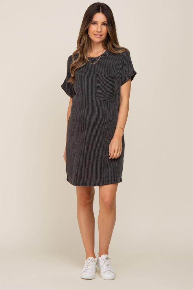 charcoal ribbed front pocket dolman short sleeve maternity dress