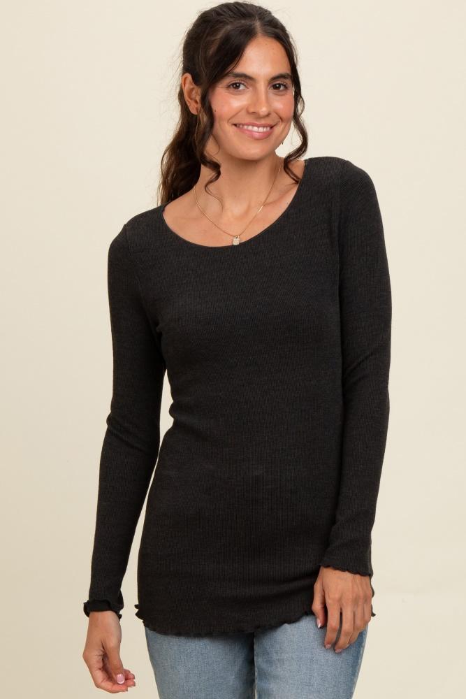 charcoal ribbed knit long sleeve lettuce hem top