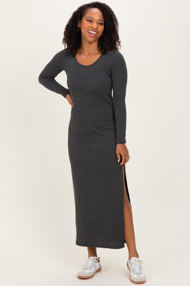charcoal ribbed long sleeve side slit maxi dress