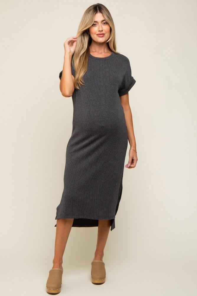 charcoal ribbed short sleeve maternity midi dress
