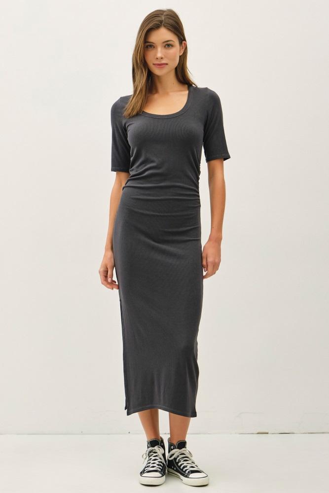 charcoal ruched short sleeve side slit midi dress