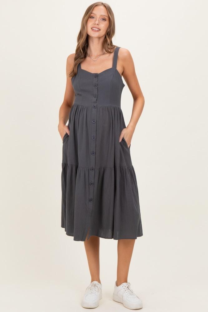 charcoal sleeveless button down tiered maternity midi dress