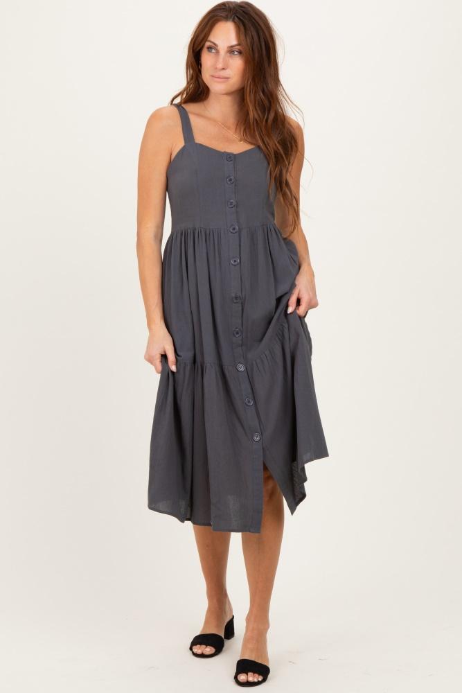 charcoal sleeveless button down tiered midi dress