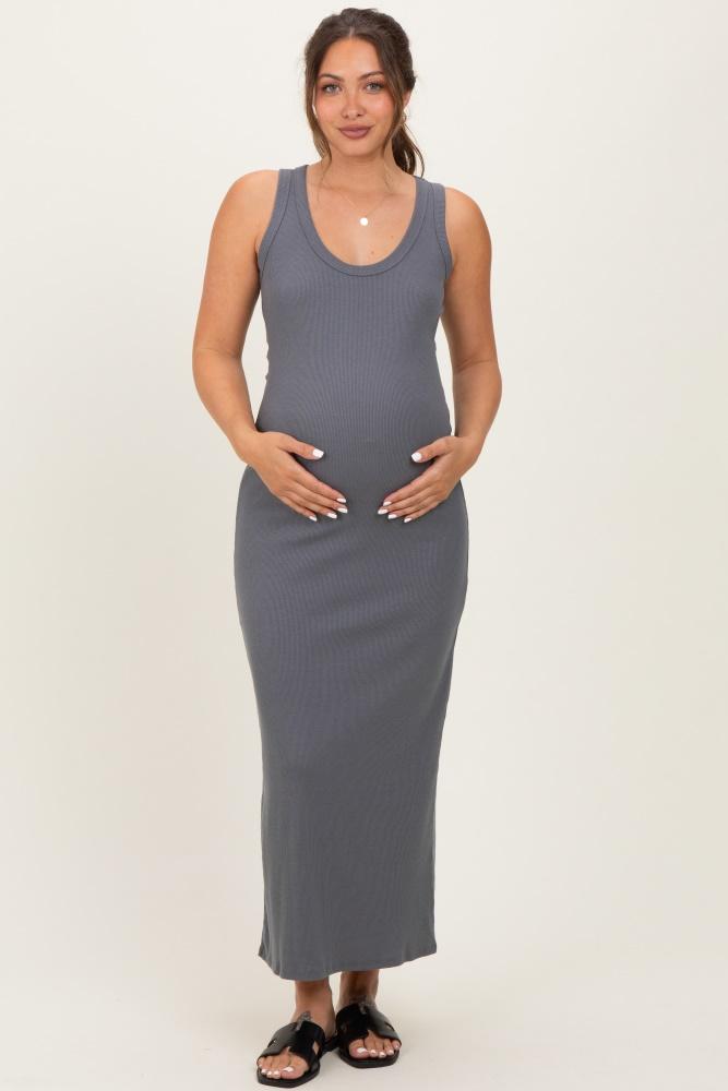 charcoal sleeveless ribbed maternity maxi dress