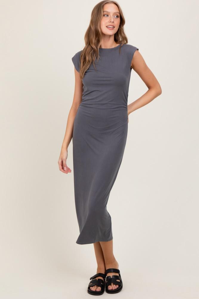 charcoal sleeveless side ruched midi dress