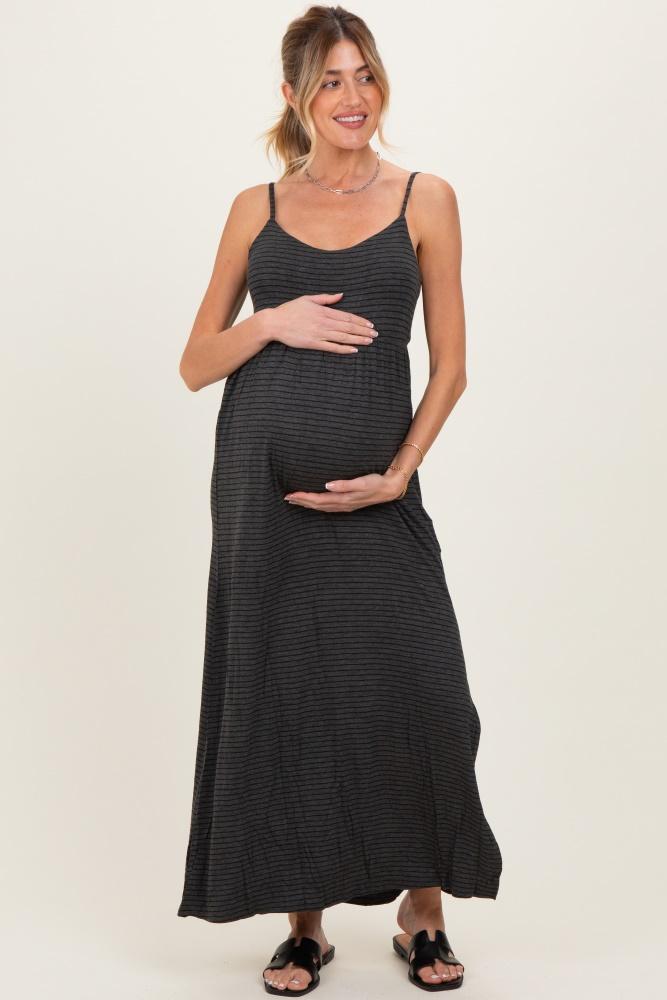 charcoal striped sleeveless maternity maxi dress