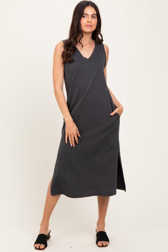 charcoal v-neck sleeveless side slit midi dress