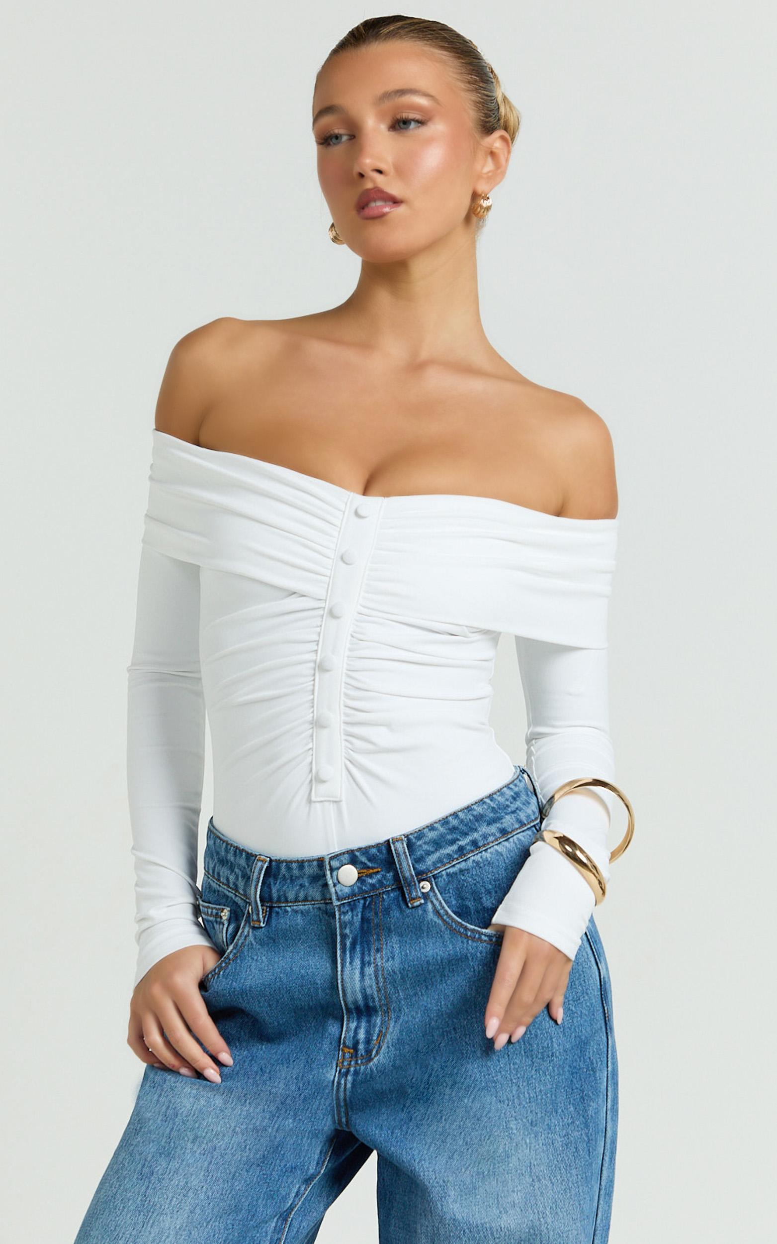 charisse bodysuit - off shoulder button down bodysuit in white