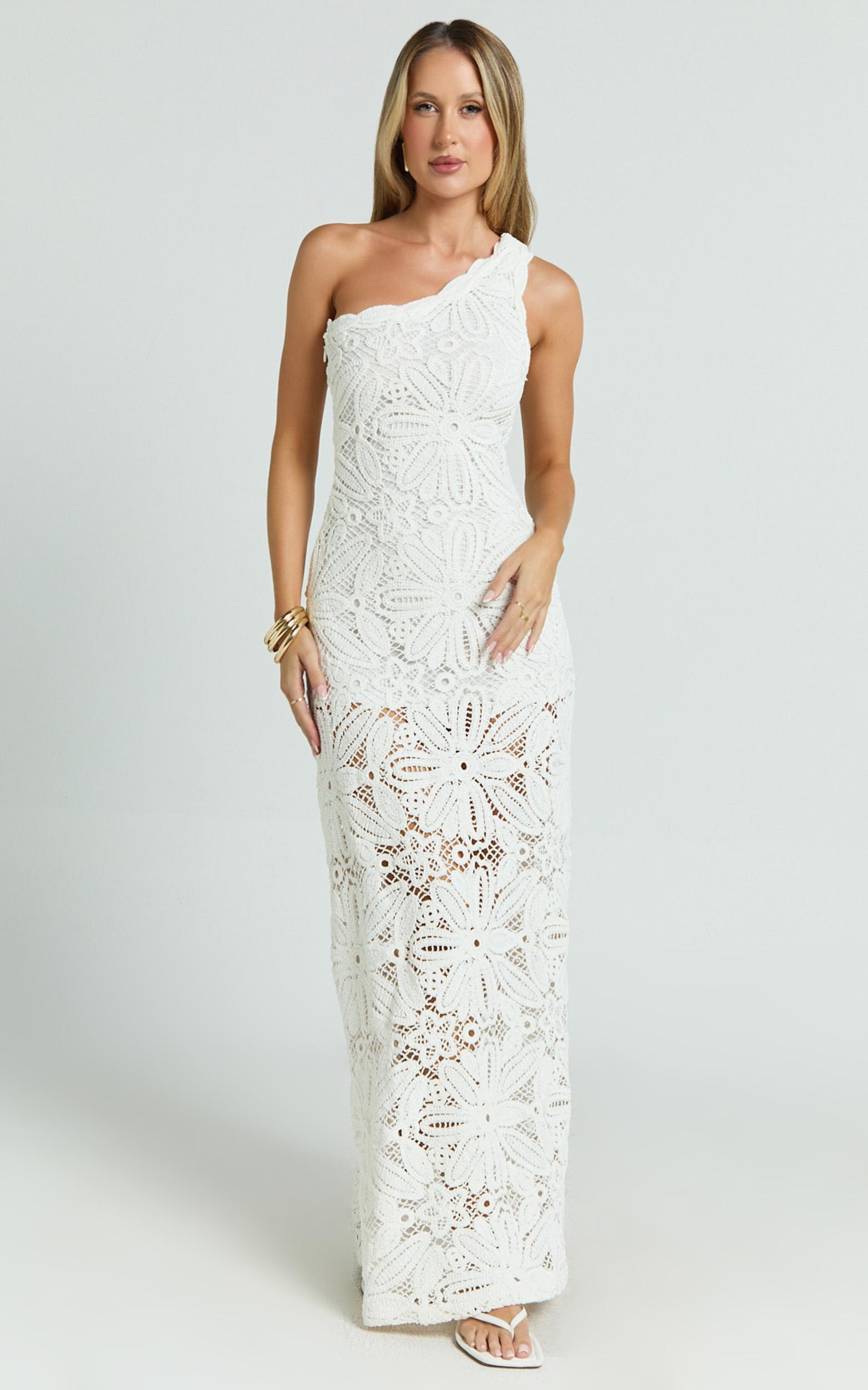 charlene maxi dress - crochet knitted one shoulder maxi dress in white