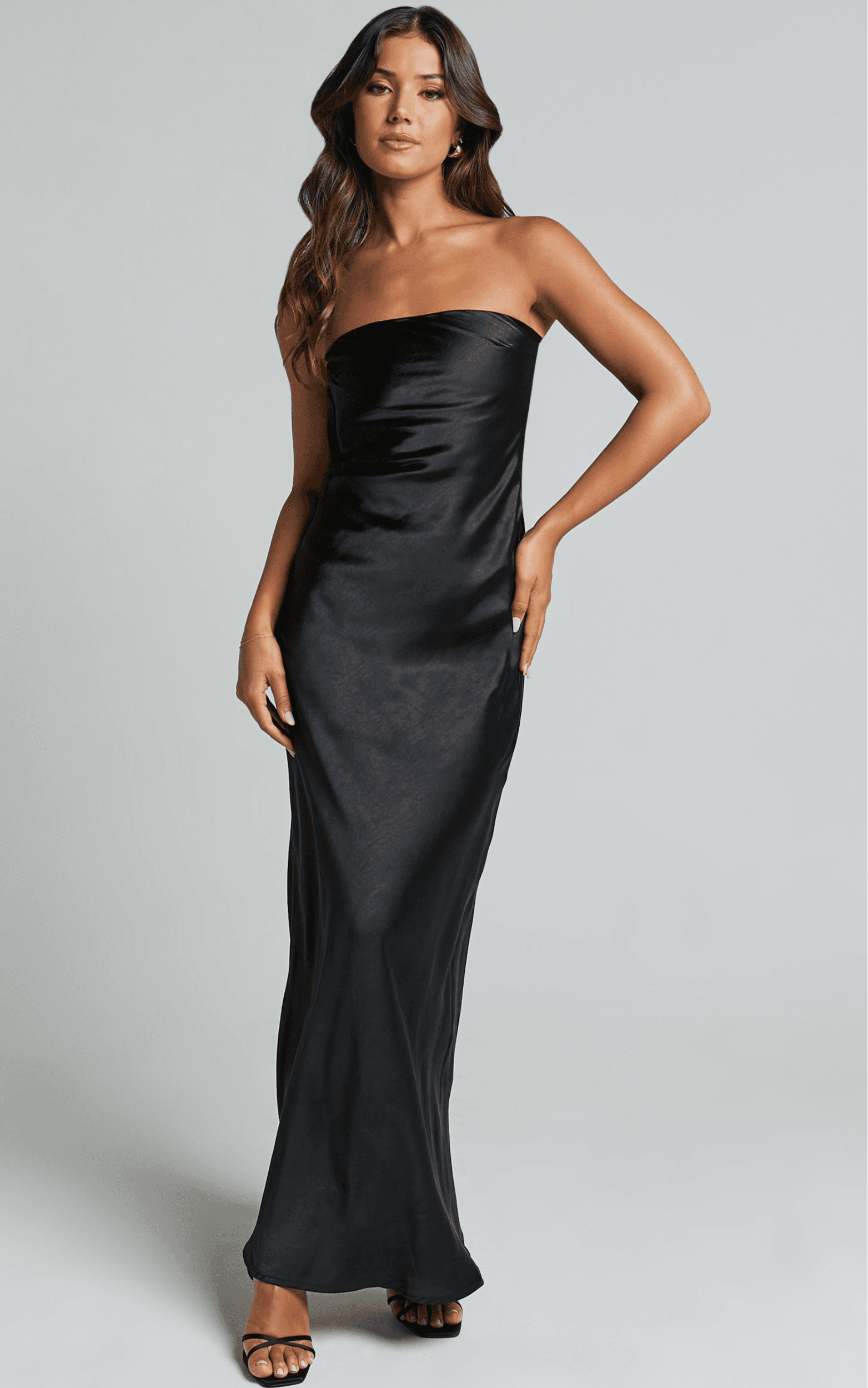 charlita maxi dress - strapless cowl back satin dress in black