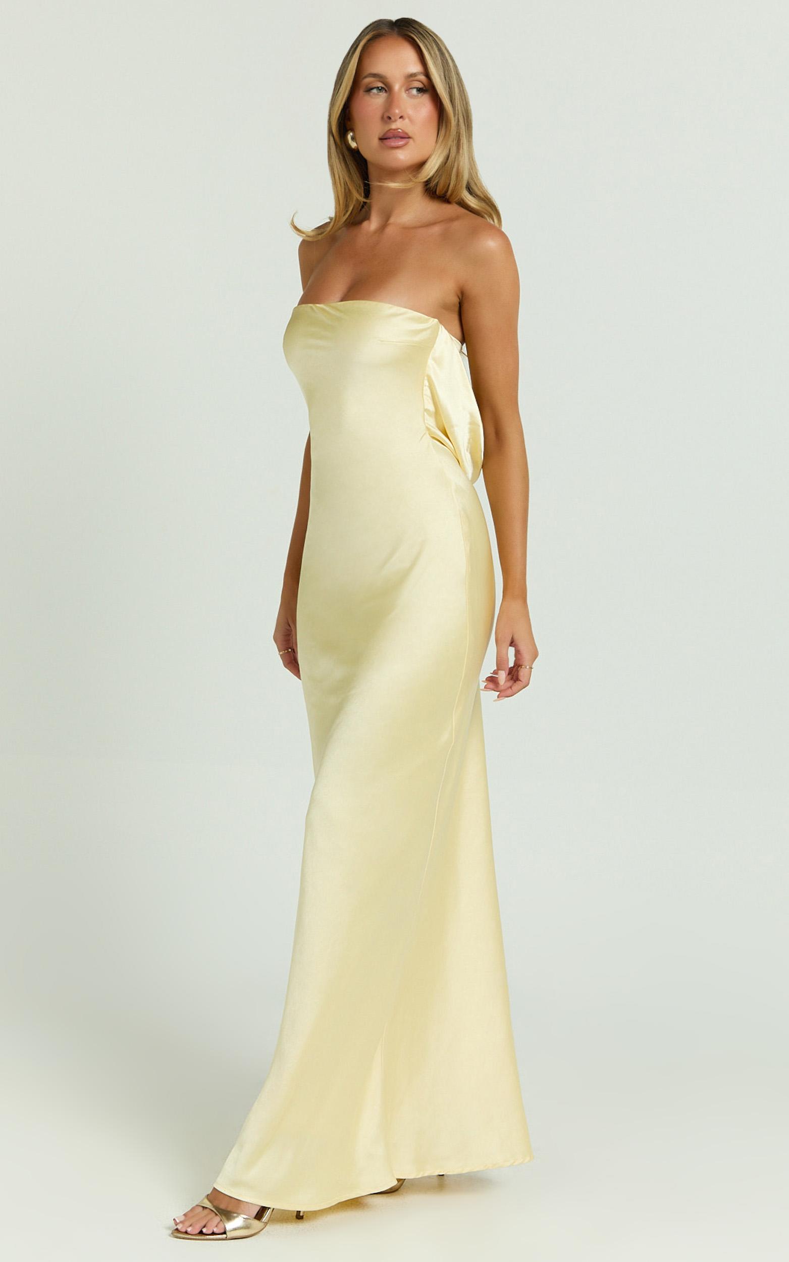 charlita maxi dress - strapless cowl back satin dress in butter yellow